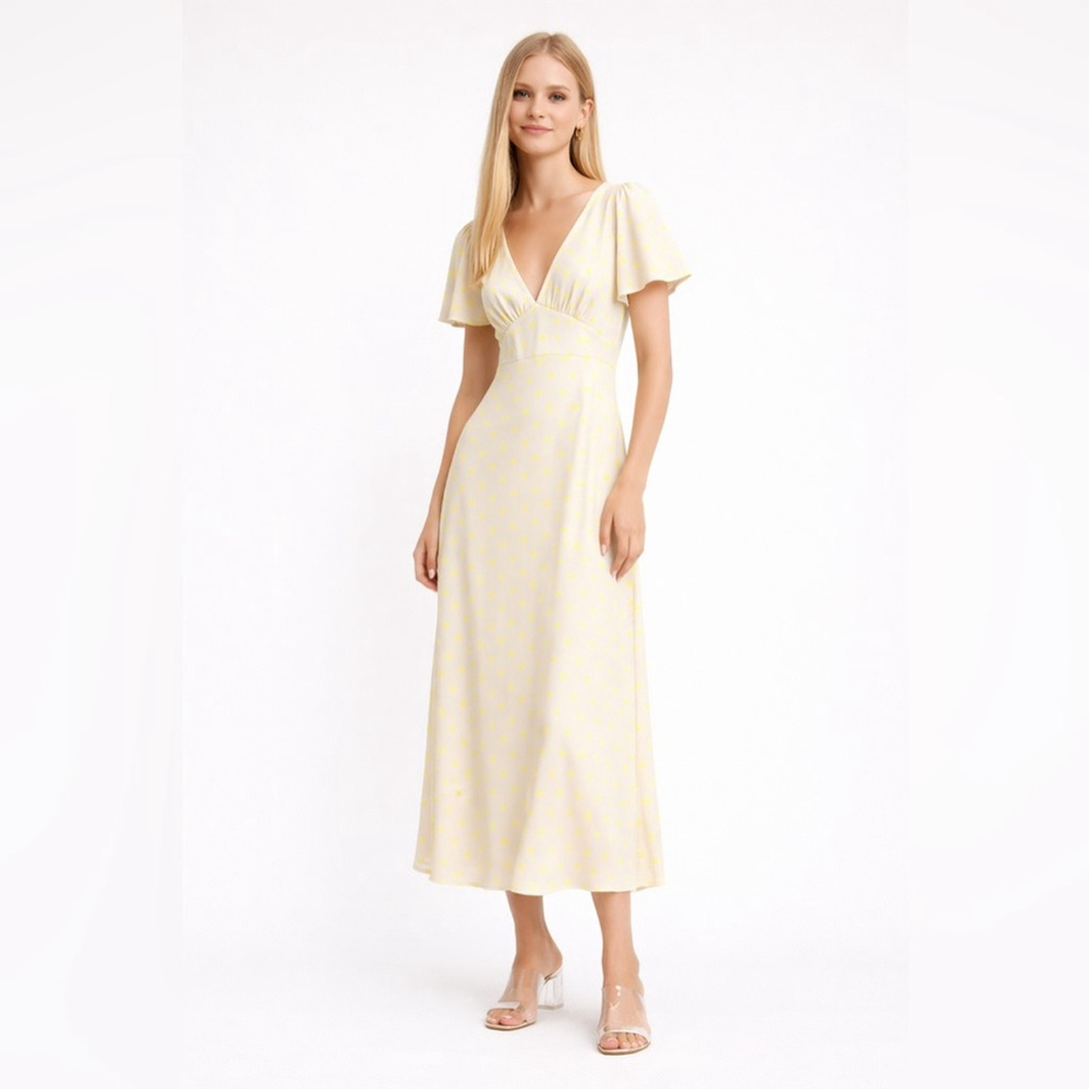 ZARA Polka Dot V-Neck Midi Dress – Neutral & Neon Yellow